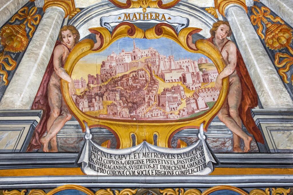 Fresco of Matera from the 1700s showing the old city