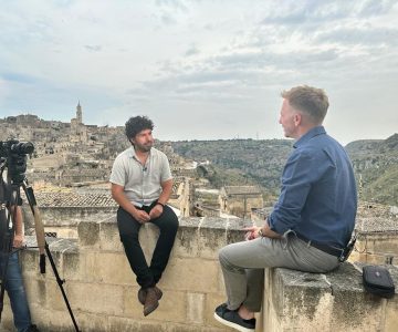 Vito Rondinone being interviewed in Matera for CBS Sunday Morning Show, representing Matera Private Tours